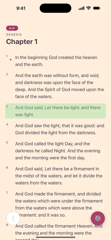 Scripted on a phone: Genesis 1 in the King James Version with verse 3 highlighted